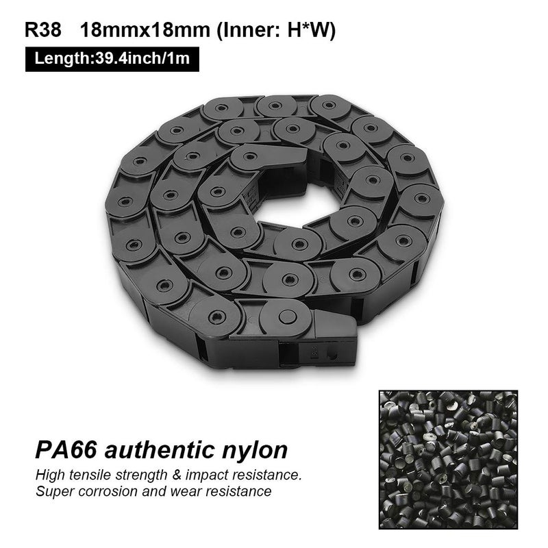 LMioEtool Pack of 2, R38 18mm x 18mm(Inner H x Inner W) Black Plastic Cable Wire Carrier Drag Chain 1M Length for CNC, with End Connectors - Semi Enclosed Type (Inner Side openable) - Image 2